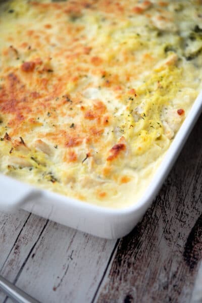 Lemon Chicken Broccoli Spaghetti Squash in a white casserole dish