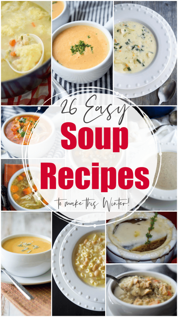 a collage of a variety of soup recipes in bowls