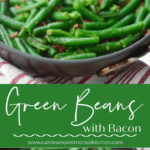 a collage photo of two pictures of green beans in a pan