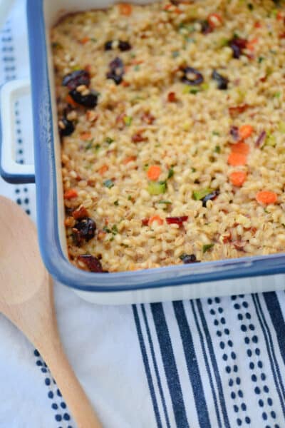 Vegetarian stuffing in a blue and white dish