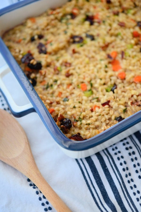 Stuffing with barley in a white and blue dish