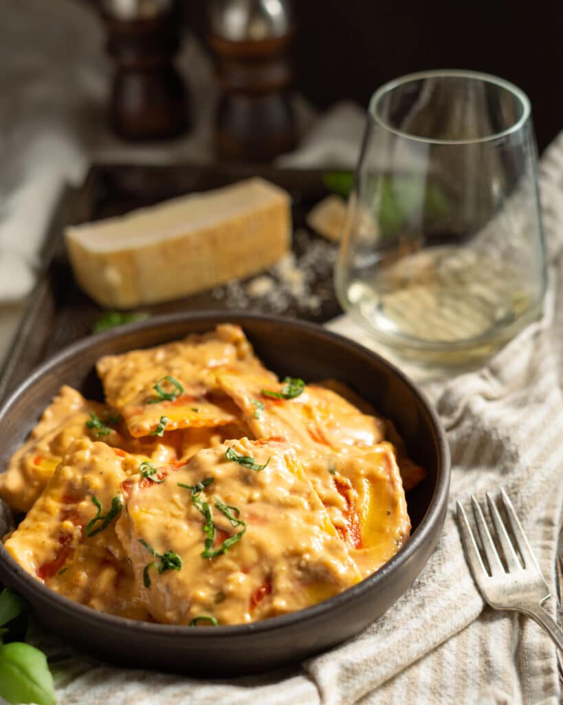 lobster ravioli in a brown dish