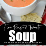 a collage photo of tomato soup in a white bowl