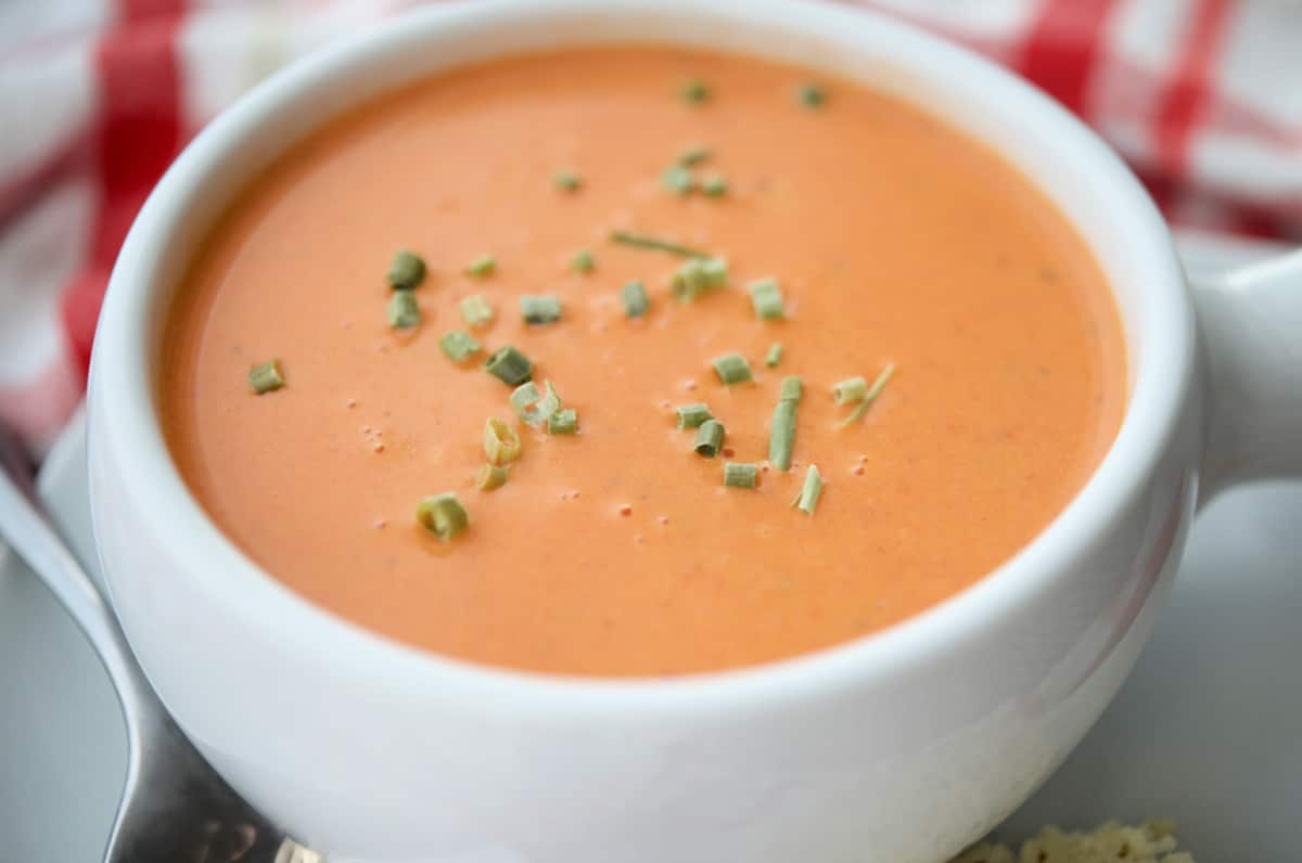 a close up of cream soup made of fire roasted tomatoes