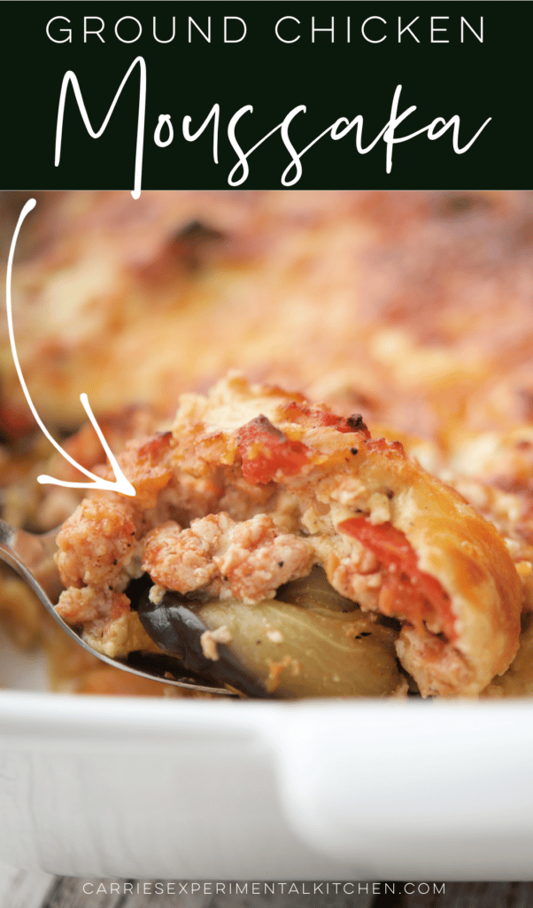 a close up of ground chicken moussaka on a spoon