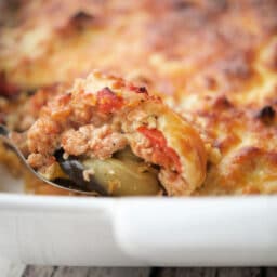 a close up of ground chicken moussaka