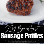 a collage photo of pork breakfast sausage on a white plate.