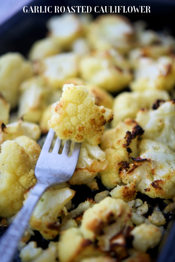 roasted cauliflower on a fork