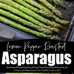a collage photo of asparagus with lemon pepper seasoning