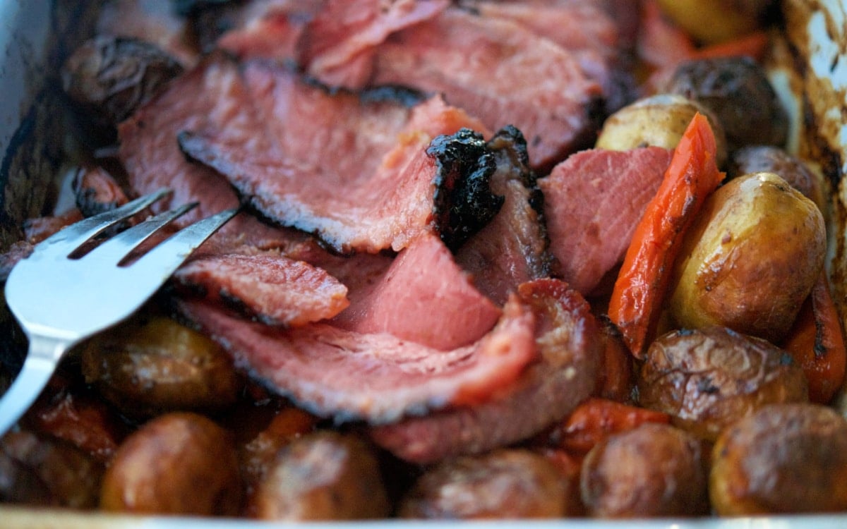 a close up of carved corned beef