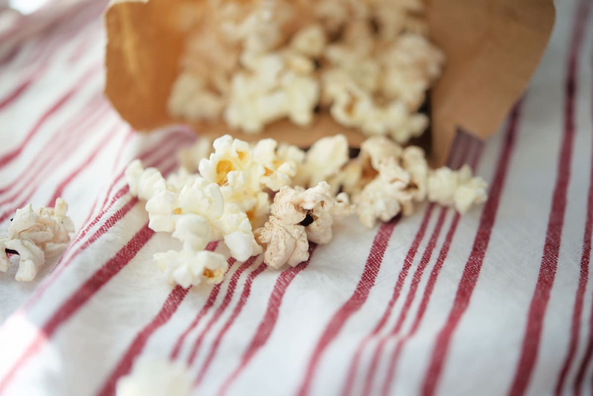 a close up of popcorn in a bag