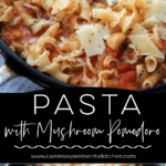 a collage photo of pasta with mushroom pomodoro