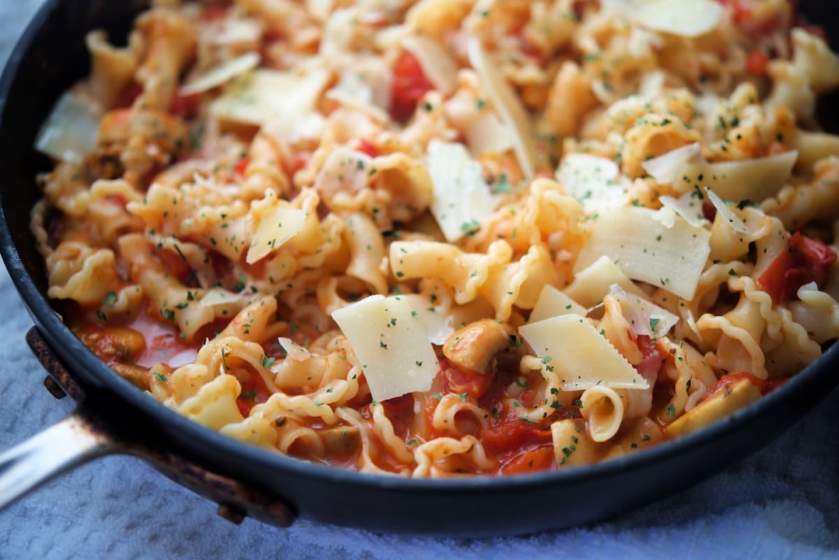 campanelle pasta in a skillet with mushrooms and tomatoes