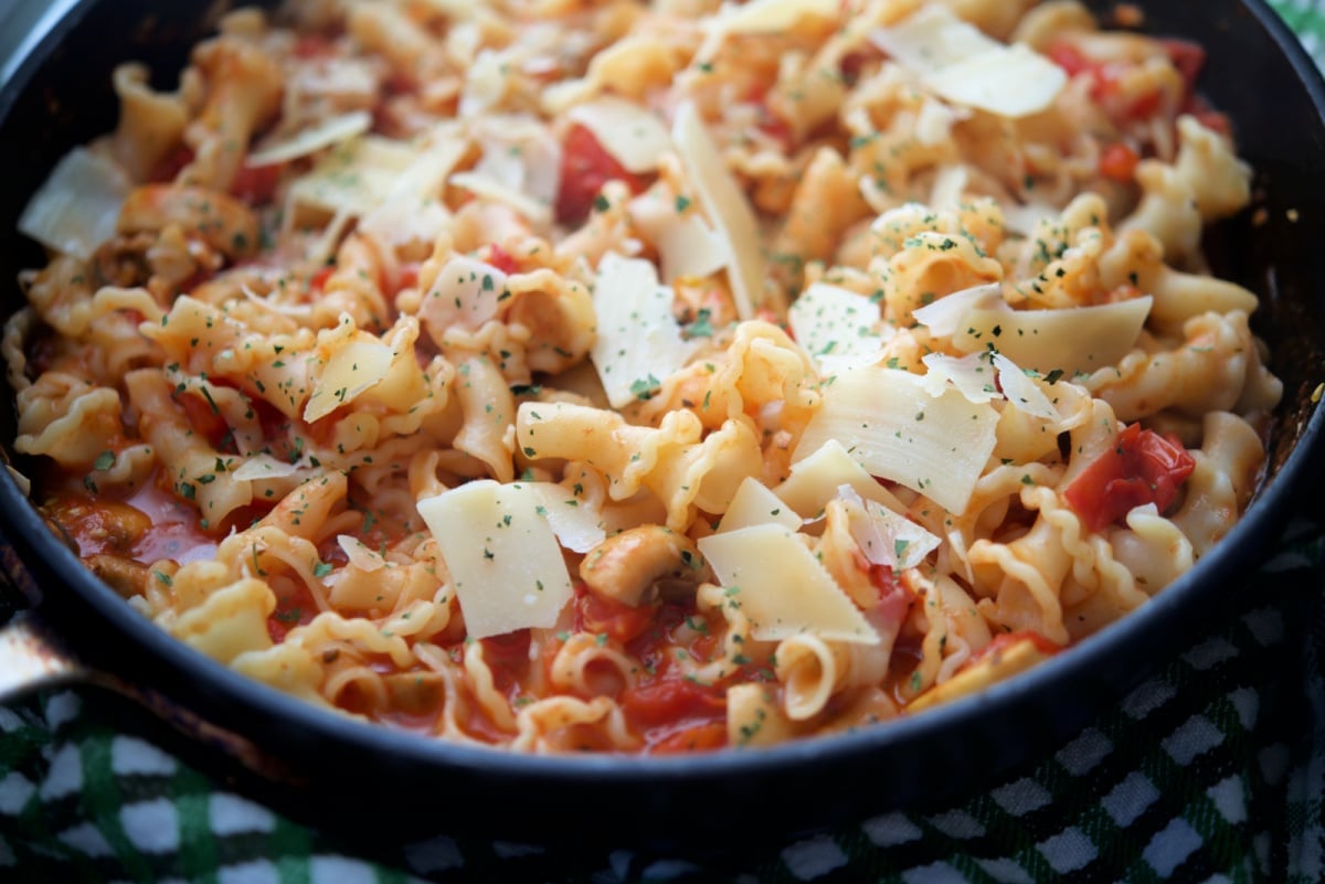 a close up of campanelle pasta