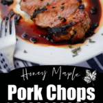 a collage photo of honey maple pork chops on a plate