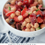 mediterranean chickpea salad with beets in a white bowl