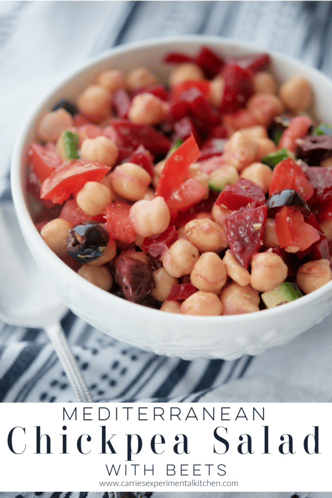 mediterranean chickpea salad with beets in a white bowl