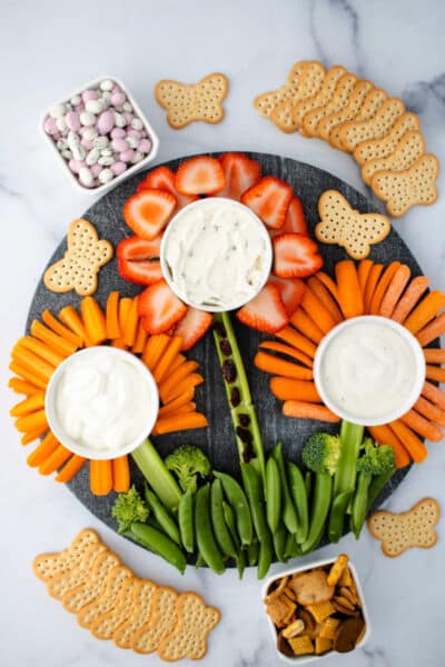 charcuterie board with fruit and vegetables