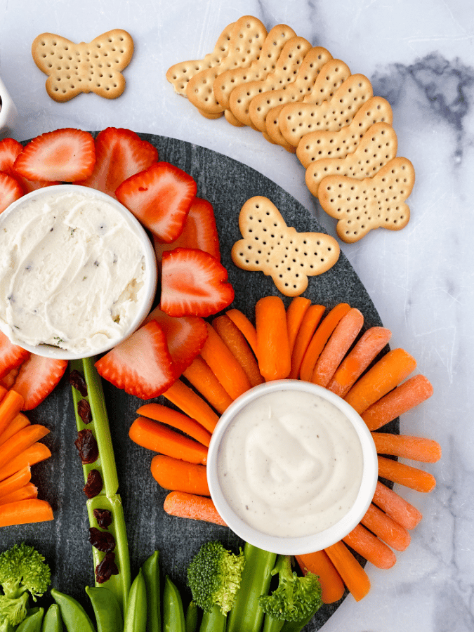 spring charcuterie board with dips