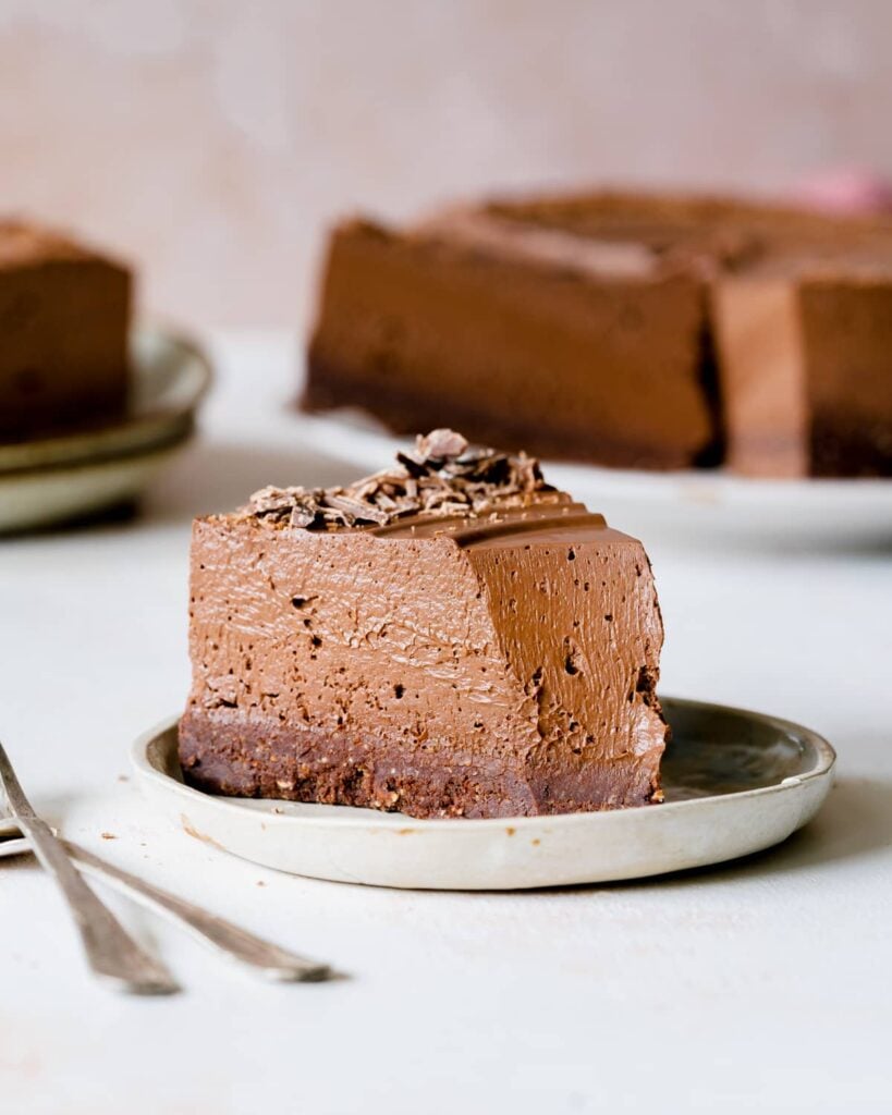a slice of vegan chocolate cheesecake