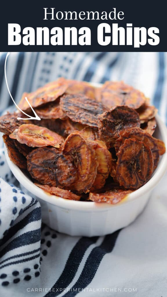 homemade banana chips in a white dish