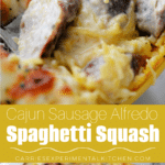 collage photo of sausage alfredo cajun squash