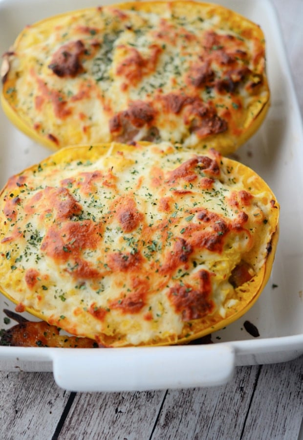 Spaghetti squash cooked in a white dish