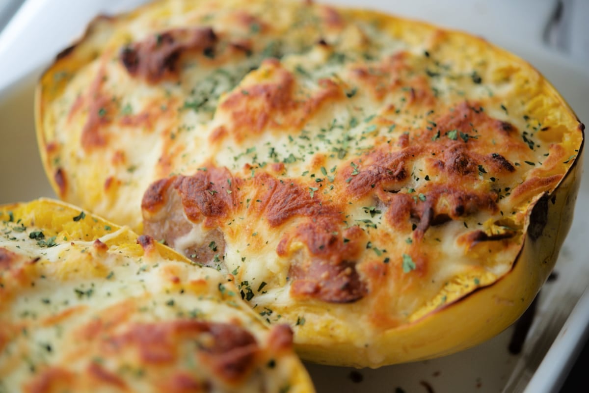 a close up of spaghetti squash in a dish