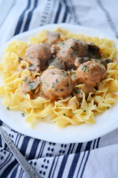 marsala chicken meatballs on egg noodles