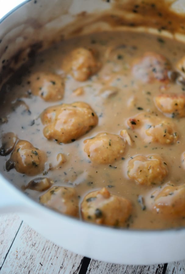 chicken marsala meatballs in a white pot