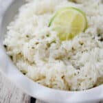 cilantro lime rice in a white bowl