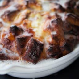 a close up of cinnamon roll breakfast casserole