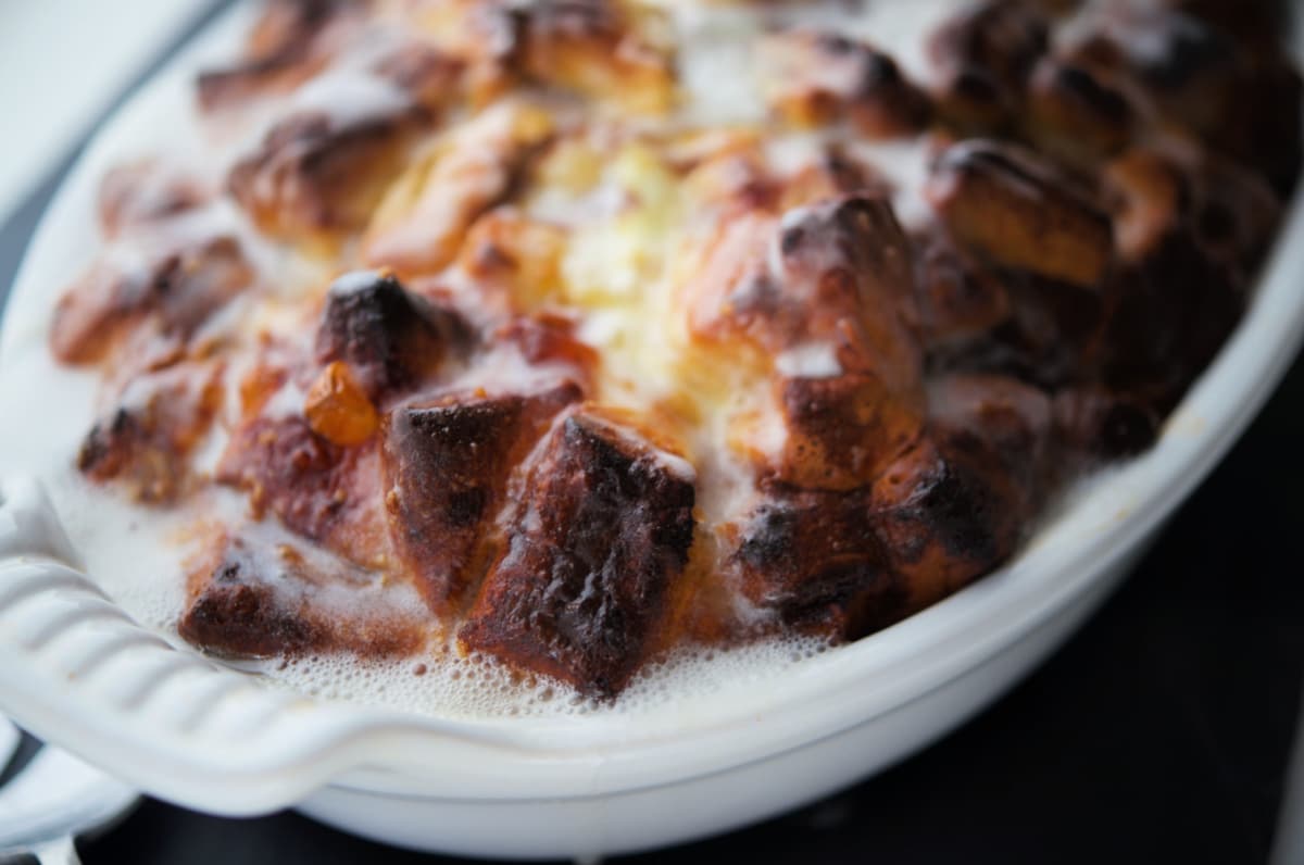 a close up of cinnamon roll breakfast casserole