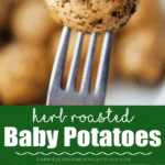 a collage photo of a baby potato on a fork