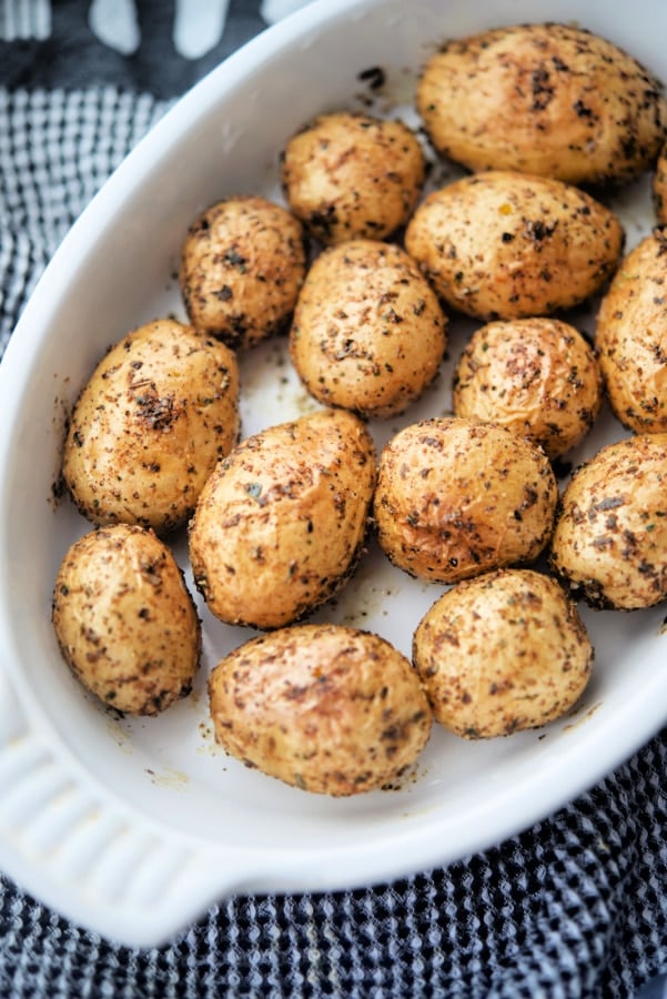 new potatoes in a white dish