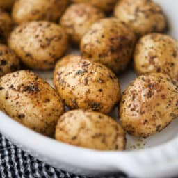 a close up of potatoes in a dish