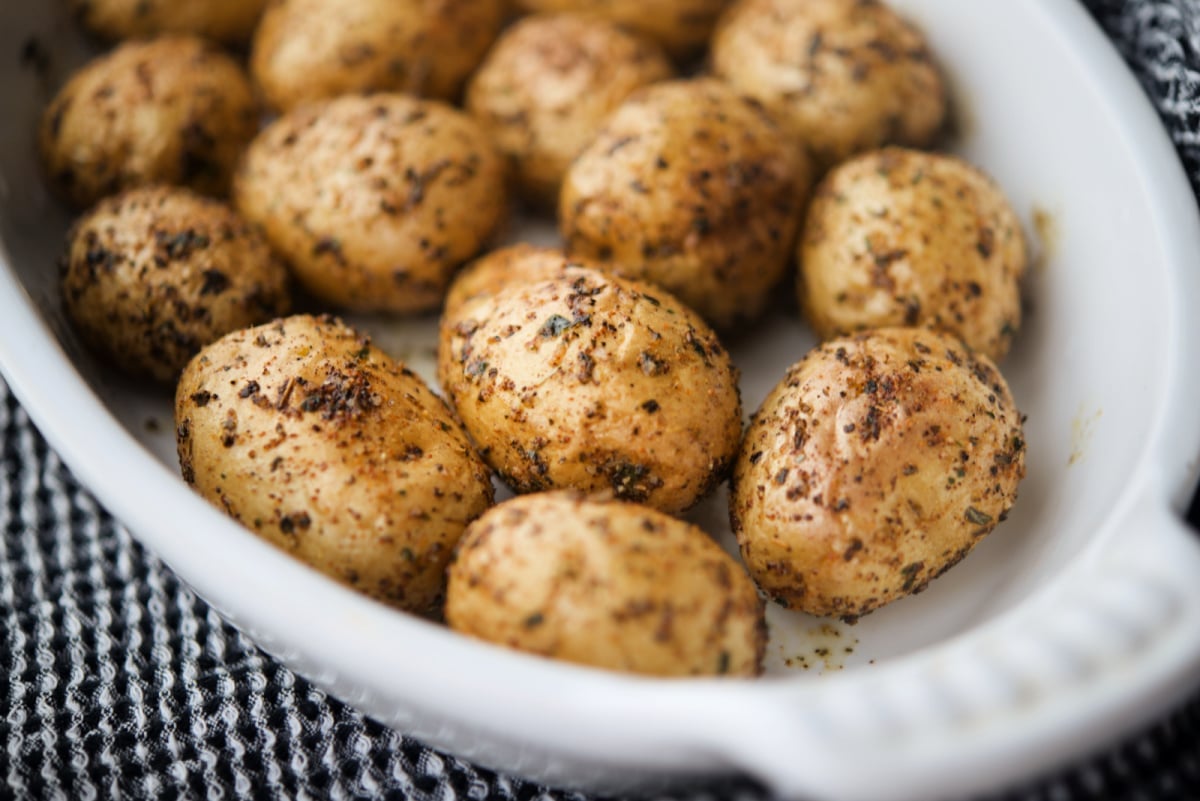 a close up of potatoes in a dish