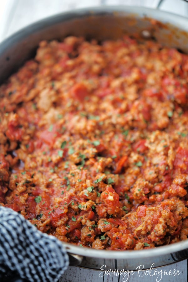 bolognese made with sausage in a skillet