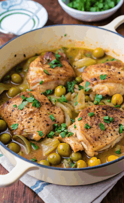 a white dutch oven with cooked chicken thighs with olives
