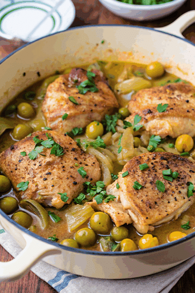 a white dutch oven with cooked chicken thighs with olives