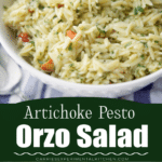 collage photo of orzo salad with artichoke pesto