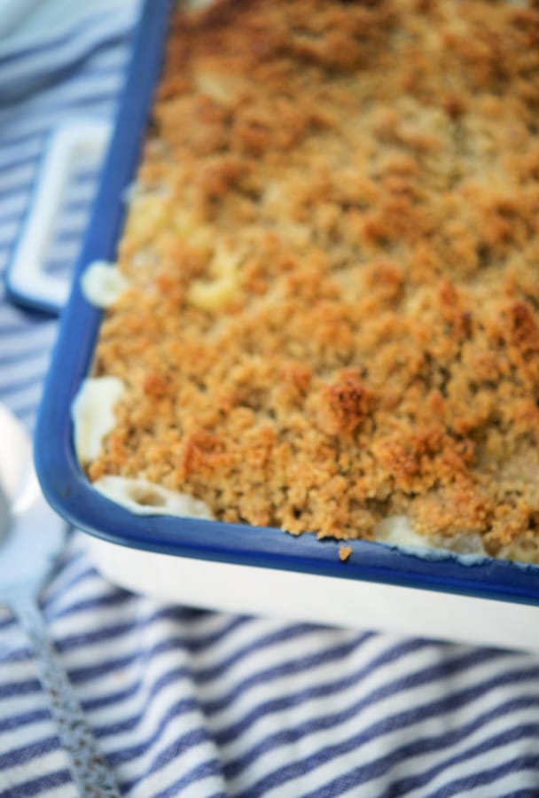 a white and blue baking dish with cooked fontina mac and cheese
