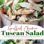 a collage photo of grilled chicken on top of mixed greens in a wooden salad bowl