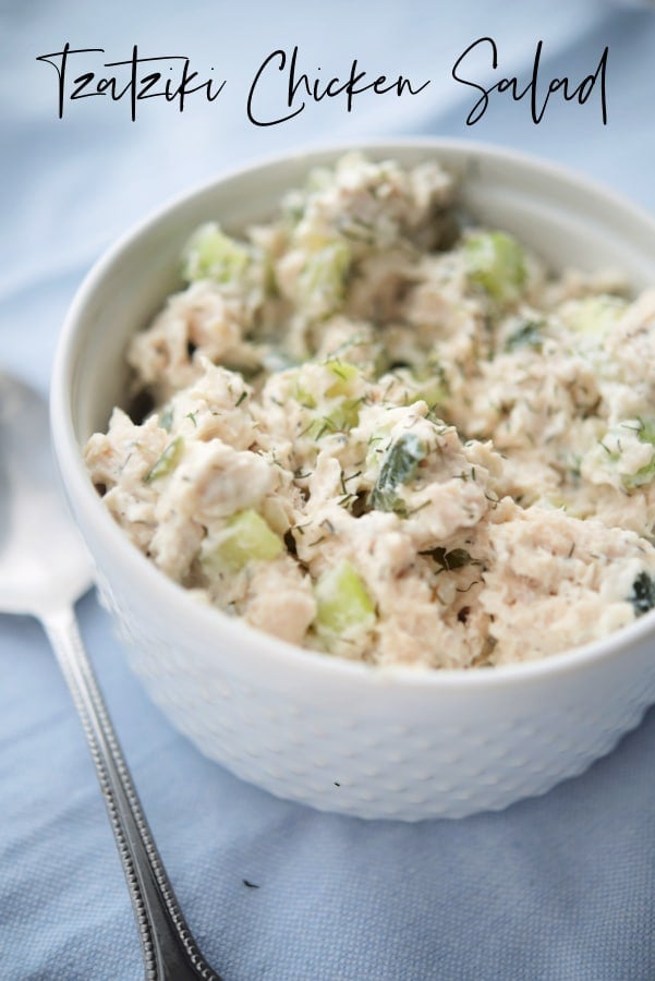 chicken salad in a white bowl with tzatziki