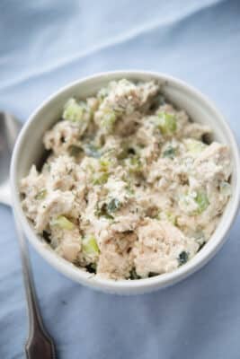 chicken salad made with greek yogurt in a bowl