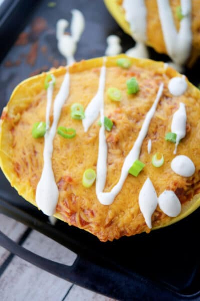 bbq pork spaghetti squash on a sheet pan