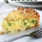 a slice of broccoli quiche on a white plate with text