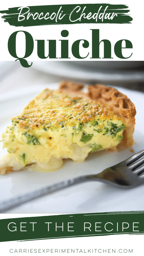 a slice of broccoli quiche on a white plate with text