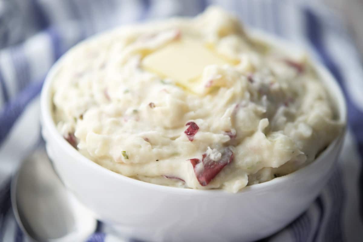 a close up of mashed potatoes in a bowl