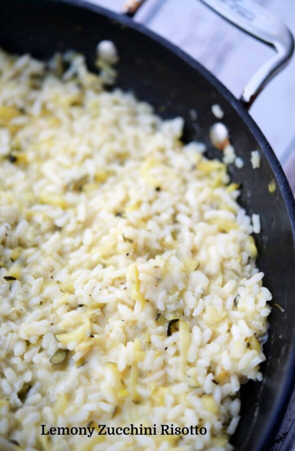 a pan of risotto with zucchini